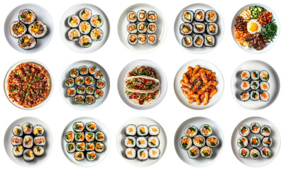 A Visual Feast of Korean Cuisine Featuring Kimbap, BBQ Dishes, and Colorful Accompaniments on Elegant White Plates. Piquant food set.