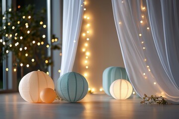 A dreamy baby shower celebration featuring hanging lanterns and cozy decorations in a modern venue with soft lighting and elegant drapery ambiance