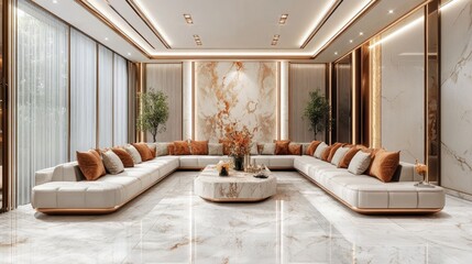 A luxurious living room with a long -seater sofa set perfectly against a feature wall