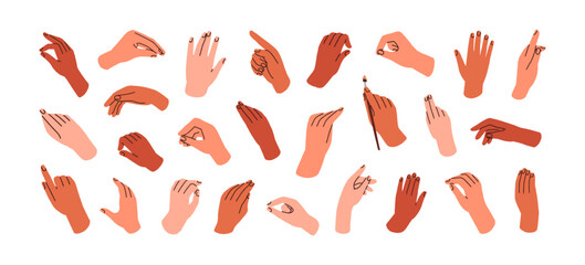 Hand gestures, signs, poses, actions set. Fingers holding, pointing, touching, grabbing, gripping and taking something in different positions. Flat vector illustration isolated on white background