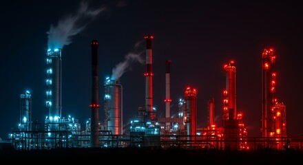 Industrial Oil Refinery at Night with Vivid Lighting