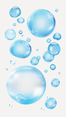 Floating blue bubbles on a white background. Various sizes of blue bubbles create a light, airy feel. Blue bubbles add a whimsical touch to the design. Soap bubble element vector set.