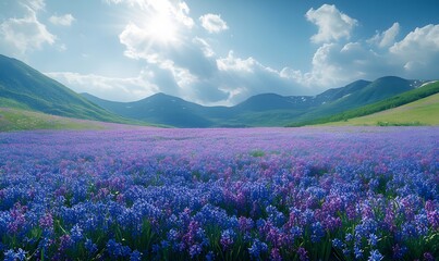 The fields are filled with blue and purple hyacinths, Generative AI
