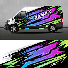 Delivery van vector design. Car decal. Black background with bright abstract stripes for vinyl car sticker. Car design development for company.