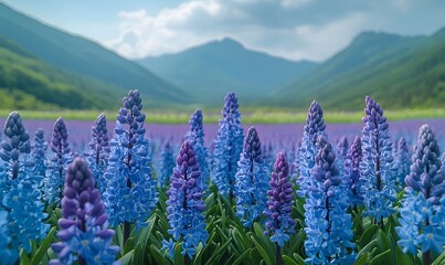 The fields are filled with blue and purple hyacinths, Generative AI