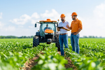 Two farmers inspect crop growth while discussing agricultural strategies in a vibrant green field. A tractor is situated nearby under a clear blue sky, symbolizing farming progress