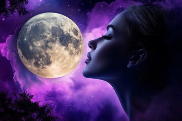 A dreamy watercolor portrait of a woman gazing at the moon, with soft pastel colors surrounding her