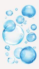 Floating blue bubbles on a white background. Various sizes of blue bubbles create a light, airy feel. Blue bubbles add a whimsical touch to the design. Soap bubble element vector set.