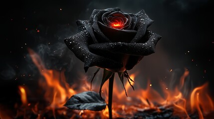 Enchanting black rose glowing with red center amidst fiery background