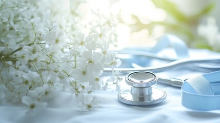 Close-up of a nurse's stethoscope resting on a pristine white surface, surrounded by delicate white flowers and blue ribbons, symbolizing International Nurses Day 
