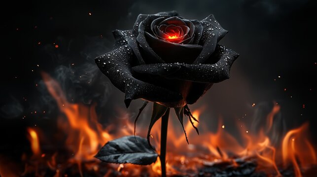 Enchanting black rose glowing with red center amidst fiery background