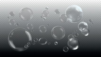 Transparent soap bubbles floating on a checkered background. Bubbles vary in size, creating a playful, airy effect. Soap bubbles on a clear backdrop. Soap bubble element vector set.