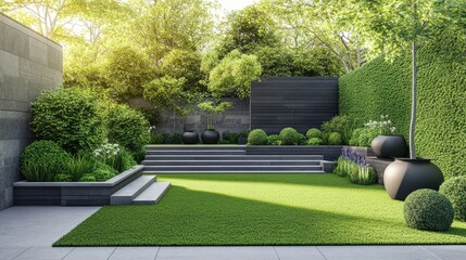A modern artificial grass garden with decorative potted plants arranged neatly