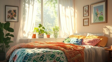 Sunlit bedroom with colorful bedding, plants, and artwork.