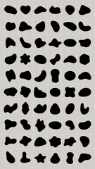 Abstract pattern with black, irregular shapes. The design features black shapes, creating a modern, abstract look. Perfect for abstract art lovers. Black shape vector set.