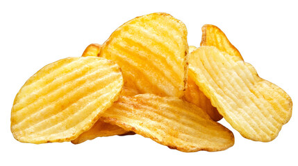 A heap of golden potato chips, the perfect crispy and savory snack for any occasion