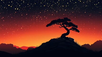 Obraz premium Bonsai Tree Silhouette at Sunset Under Starry Sky.