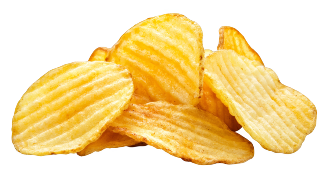 A heap of golden potato chips, the perfect crispy and savory snack for any occasion