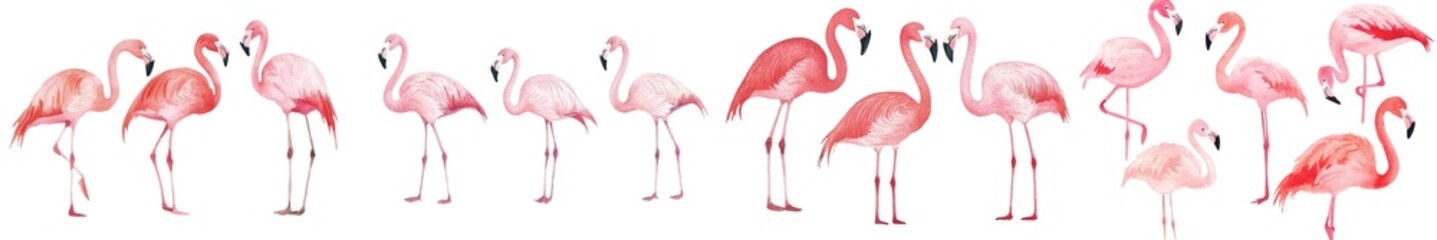 Obraz premium This set consists of a watercolor painting of flamingos in pink, placed on a white background