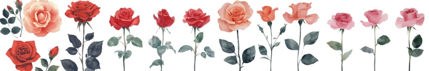 On an isolated white background, a beautiful red rose, a stunning flower, is presented in a watercolor illustration that resembles a botanical painting