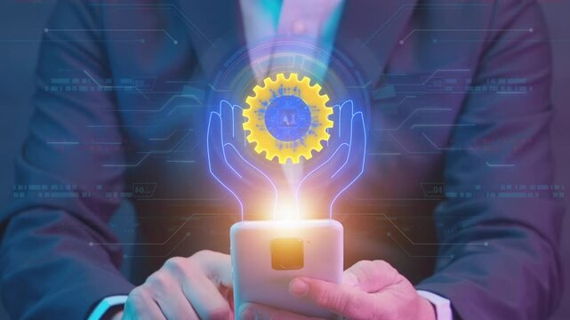Strategic innovation concept, systematic process for developing and implementing new ideas and products that help an organization grow and compete. Technology adoption icon on virtual screen.
