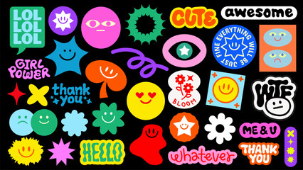Colorful stickers with phrases like 'cute', 'awesome', 'thank you', and 'hello' Bright, playful designs with various shapes and smiling faces Funky stickers, vector set