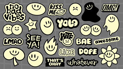 Collection of retro stickers with phrases like 'YOLO', 'OMG', 'Kiss Me', and 'No Bad Vibes' Features smiley faces and playful designs in bold, fun styles Funky stickers, vector set