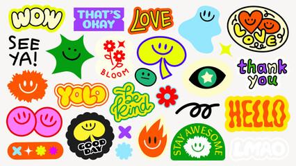 Colorful stickers with phrases like 'love', 'hello', 'YOLO', and 'be kind' Smiley faces and stars Vibrant, playful, and fun sticker designs Funky stickers, vector set