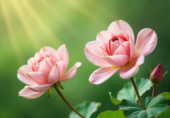 Fototapeta premium Two Pink Flowers with Bud and Sunlight