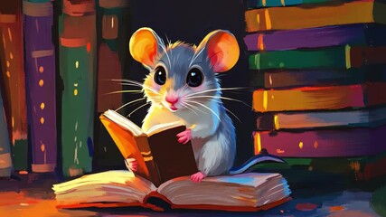 Cute cartoon mouse reading a book in a cozy library surrounded by colorful books on shelves, enchanting and whimsical atmosphere for story lovers