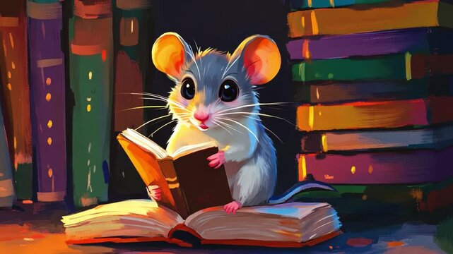 Cute cartoon mouse reading a book in a cozy library surrounded by colorful books on shelves, enchanting and whimsical atmosphere for story lovers