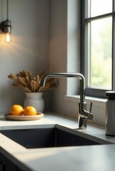 Modern kitchen sink with sleek chrome faucet and sunlit window