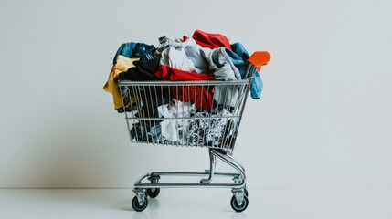 Shopping Cart Filled with Colorful Clothes on a Minimalist Background