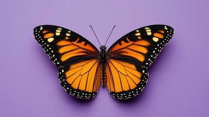 Fototapeta premium Vibrant Monarch Butterfly Displayed on Soft Purple Background in Perfect Symmetry