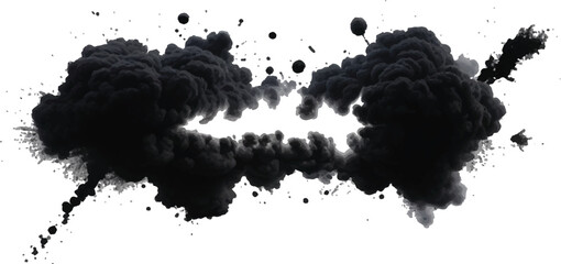 Striking and High-Contrast Concept of an Expanding Black Smoke Cloud with Floating Dust 
Particles, Isolated on a Bright White Background for Impact

