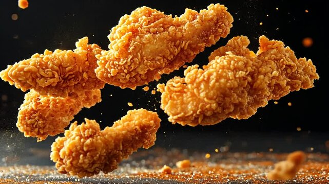 Delicious crispy fried chicken tenders floating in the air on a dark background
