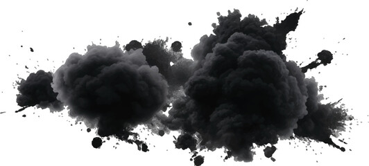 Striking and High-Contrast Concept of an Expanding Black Smoke Cloud with Floating Dust 
Particles, Isolated on a Bright White Background for Impact
