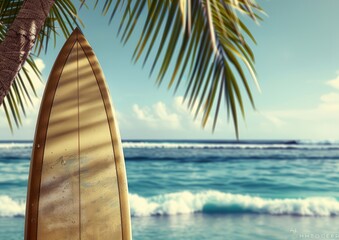 Surfboard resting against a palm tree by the ocean.