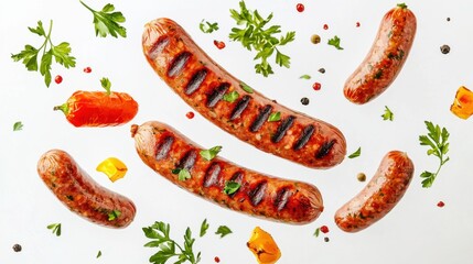 Flying whole grilled sausages with herbs and spices. isolated on white background. hot dog Delicious grilled sausages and vegetables floating in air. Grilled wurst with herbs and spices. 