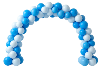 Festive blue and white balloon arch isolated on transparent or white background.
