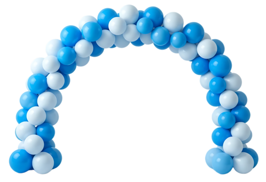 Festive blue and white balloon arch isolated on transparent or white background.