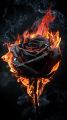 Black rose surrounded by fiery flames with smoke effects
