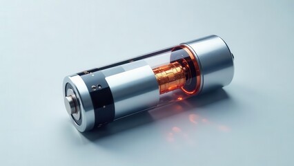 Advanced cylindrical power cell with internal glowing components on a neutral background