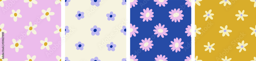 Poster daisies, floral patterns set. seamless texture design with simple flowers in doodle groovy style. en