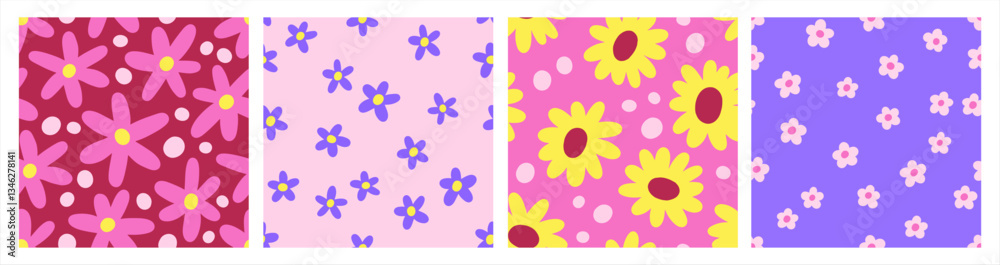 Poster seamless daisy patterns set with groovy floral design. endless repeatable textures, backgrounds, sim