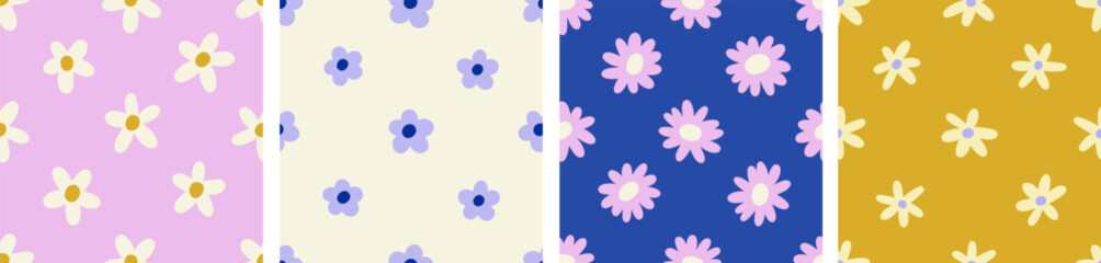 Daisies, floral patterns set. Seamless texture design with simple flowers in doodle groovy style. Endless repeatable print with hippie blossoms for summer textile, fabric. Flat vector illustration