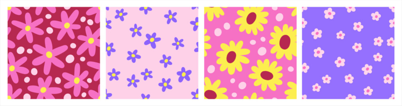 Seamless daisy patterns set with groovy floral design. Endless repeatable textures, backgrounds, simple flower prints for spring and summer fabric, textile, wrapping. Colored flat vector illustration