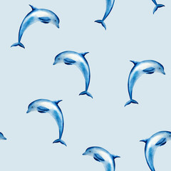 Seamless pattern with dolphin jumping. Watercolor hand drawn illustration isolated on background. For designers, postcards, greetings, birthday, calendar, wallpapers, wrapping paper, logo, baby design