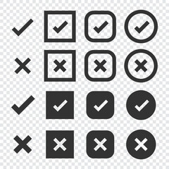 Set of check marks and crosses. Includes check marks in circles and squares. Crosses in circles and squares. Black check marks and crosses on transparent background. Vector element set.