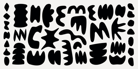 Abstract black shapes on a white background. The abstract design features various black shapes, creating a bold, artistic pattern. Unique abstract shapes. Black and white vector set.